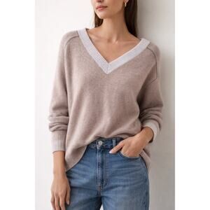 Brunello Cucinelli Angora V-Neck Knit Sweater Pullover Monili Beads Tan Medium